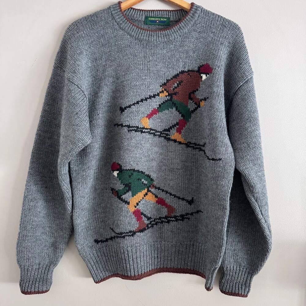 Embassy Row Vintage Graphic Ski Wool Sweater Size Large Gray RL inspired